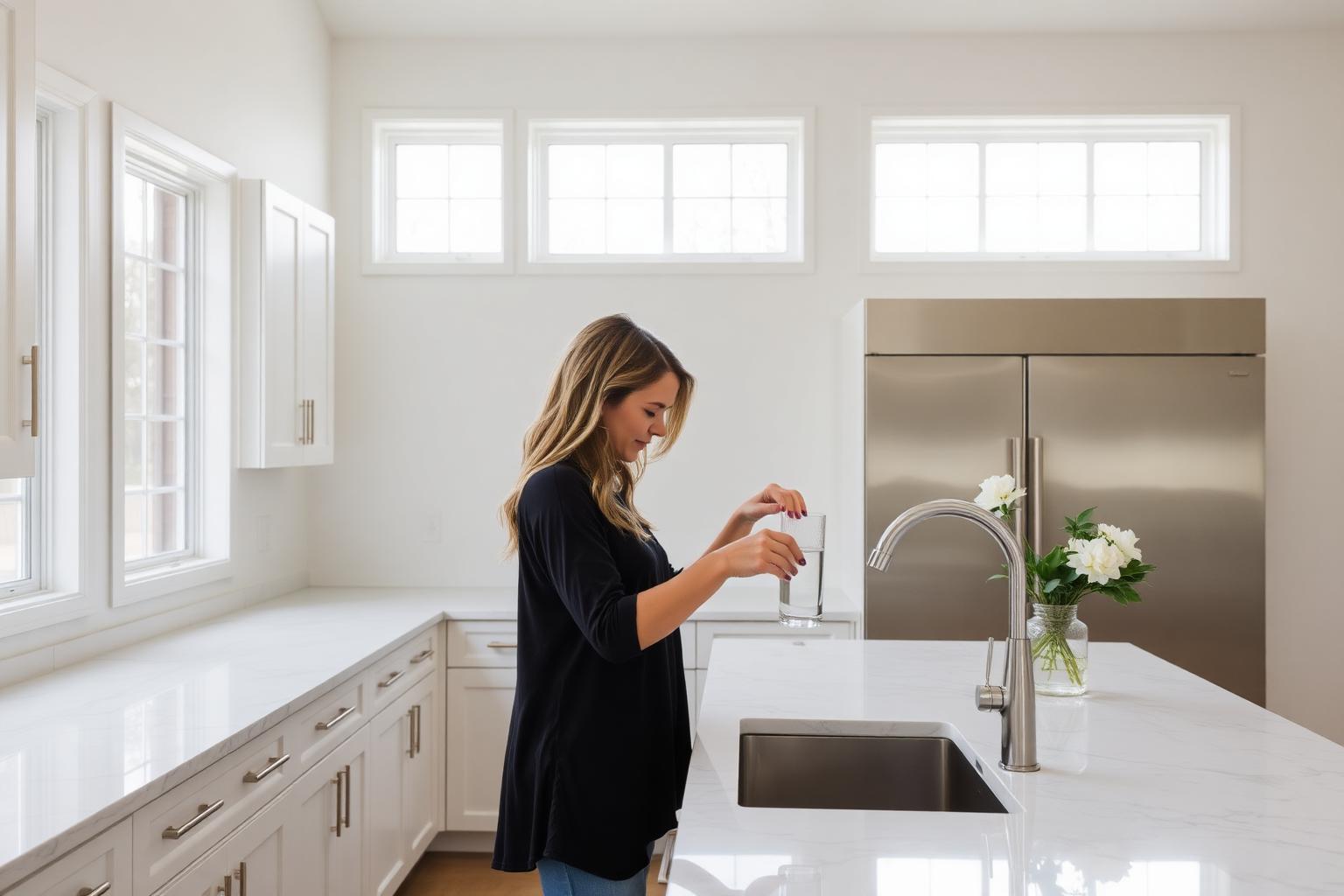 A homeowner filling a glass of water in a bright, modern Texas kitchen