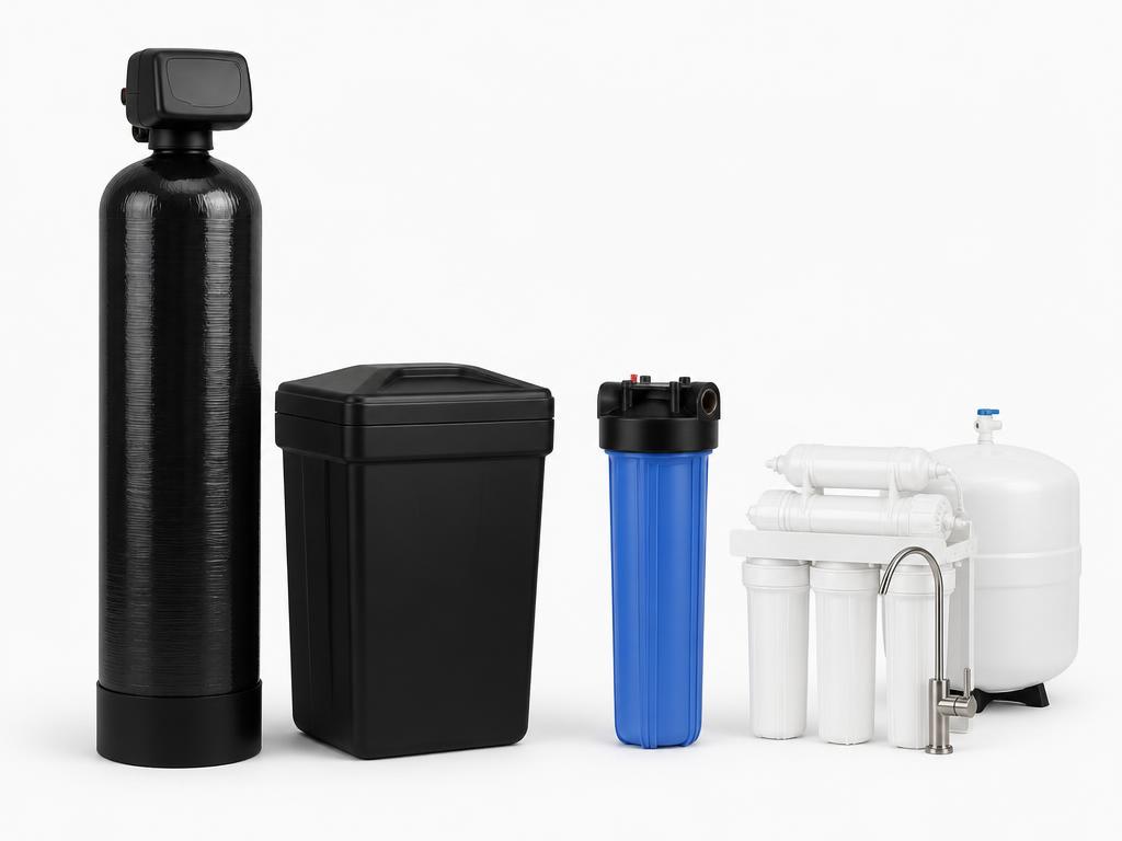 Pristine Whole Home bundle: one treatment tank with control valve, brine tank, Big Blue sediment housing, and a reverse osmosis system