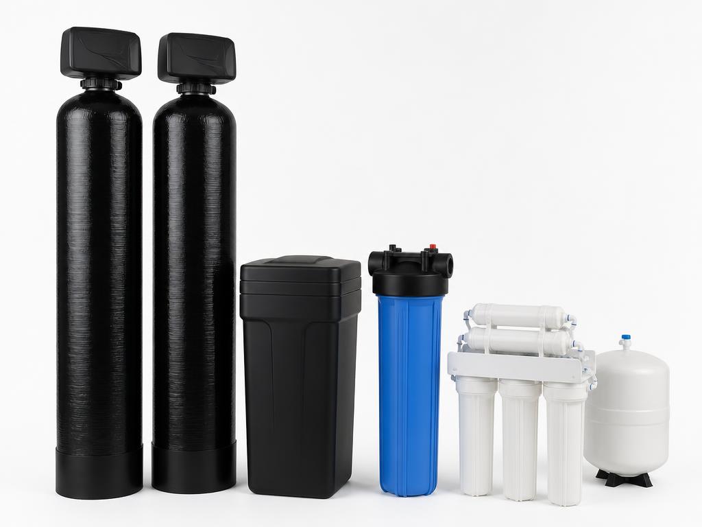 Pristine Whole Home Plus bundle: two treatment tanks, brine tank, Big Blue sediment housing, and a reverse osmosis system